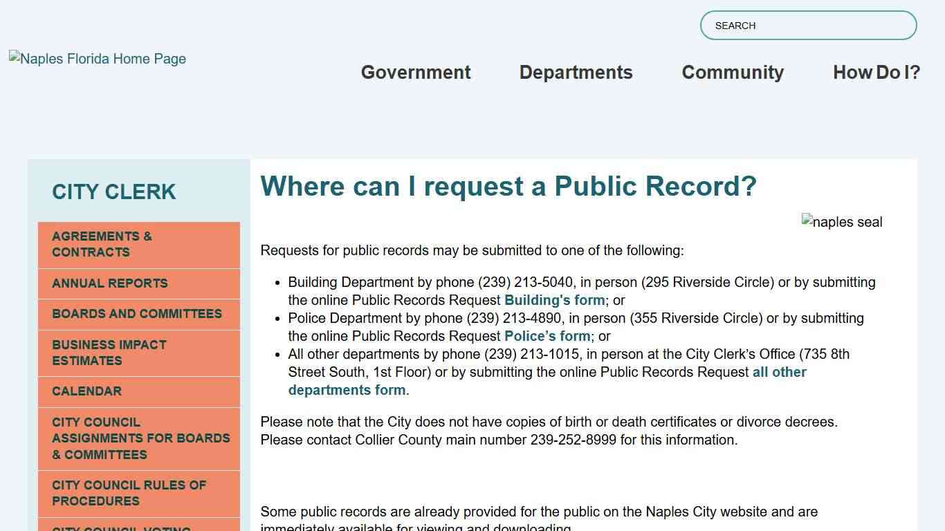 Where can I request a Public Record? Naples, FL